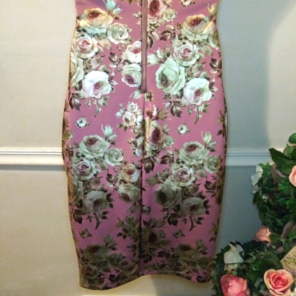 Olivia Matthews Sexy Mauve & Gold Floral Print Bodycon Sheath Dress - Picture 7 of 11